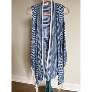 Say What XS Open Kimono Cardigan Sweater Fringe Chevron Blue Off White